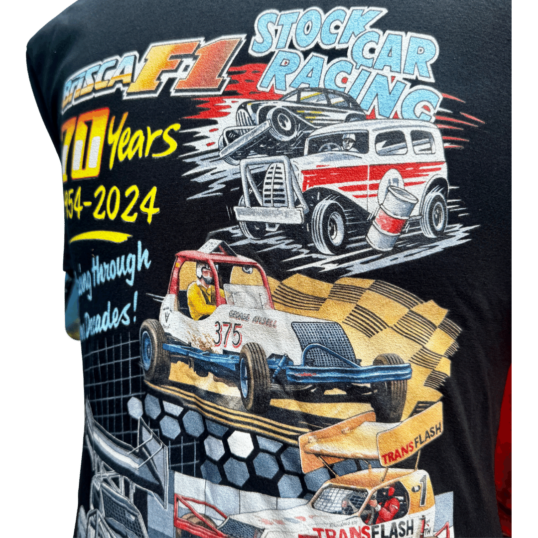 70 Year of Brisca F1 T-Shirt Tee Shirt Stock Car & Banger Toy Tracks