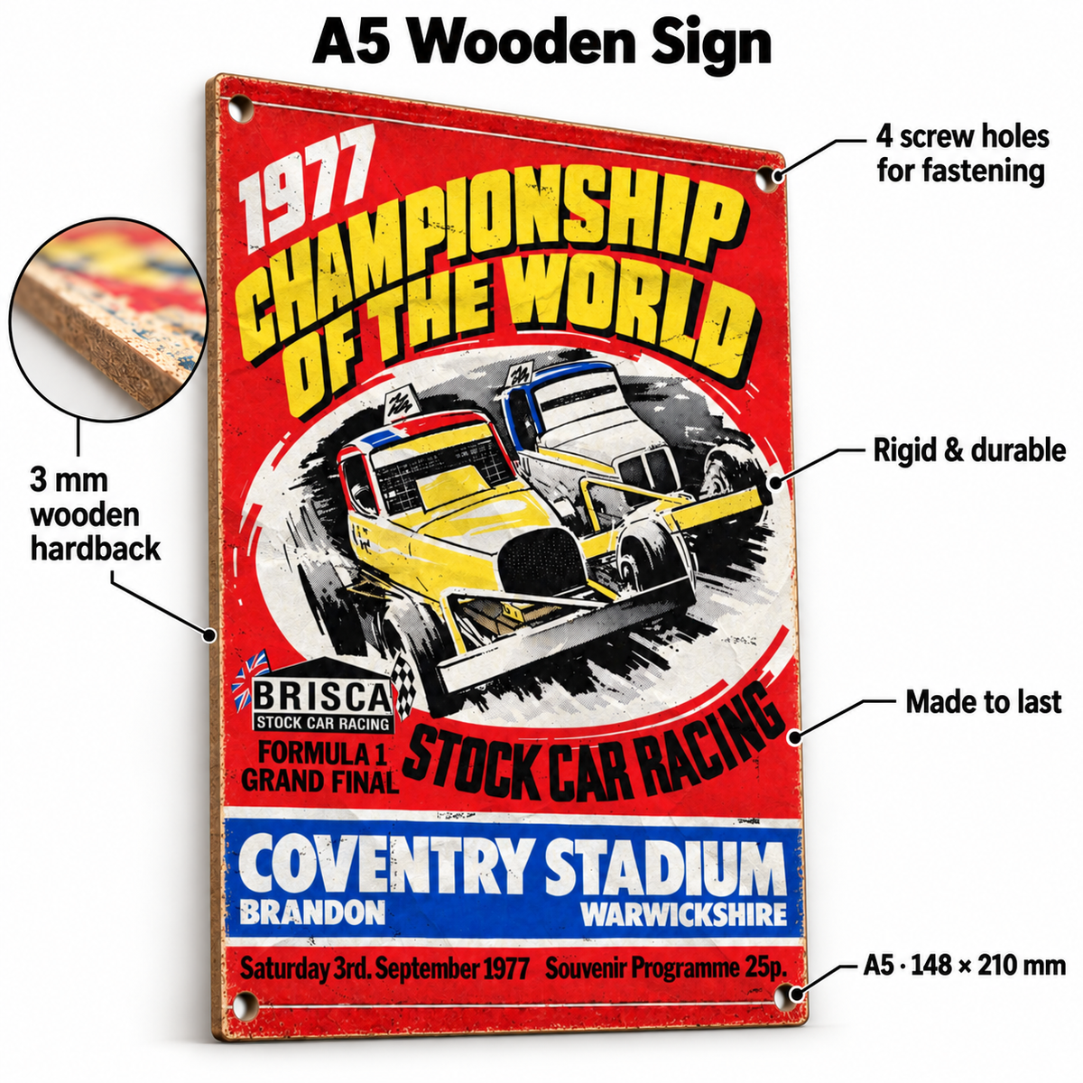 Coventry World Final 1977 A5 wooden retro sign – 3 mm wooden hardback and four screw holes
