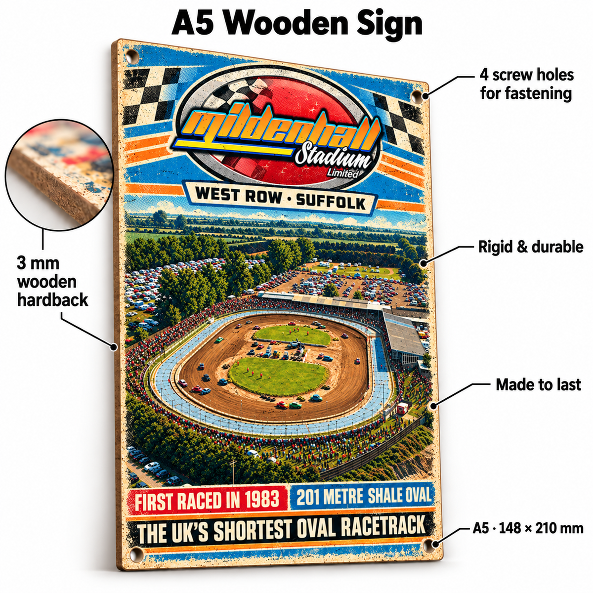 Mildenhall Stadium A5 wooden retro sign – 3 mm wooden hardback and four screw holes