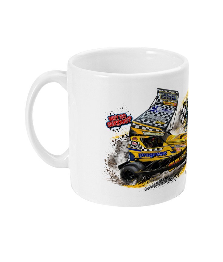 Paul Hines 259 Brisca F1 stock car mug — side view showing yellow and black car with Why So Serious tagline