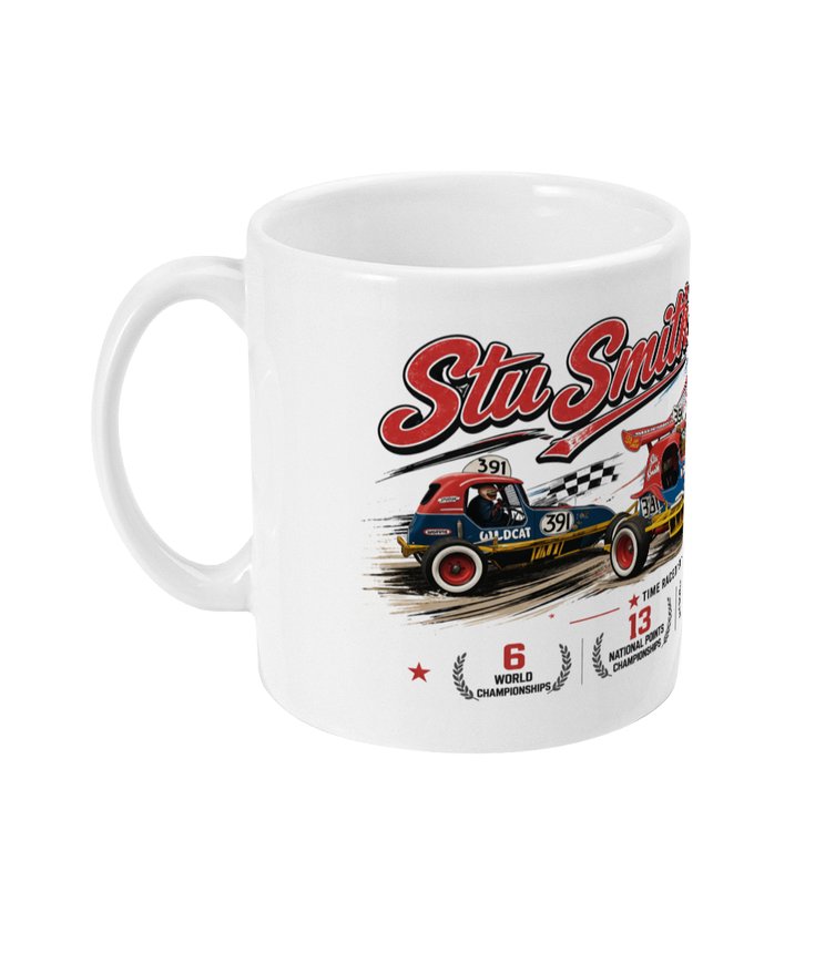 Stu Smith 391 Super Stu Brisca F1 legend heritage mug — side view with Wildcat car and 6 World Championships stat