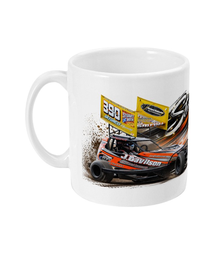Stuart Smith 390 Brisca F1 stock car mug — side view showing orange J Davidson car with Skegness Raceway wing