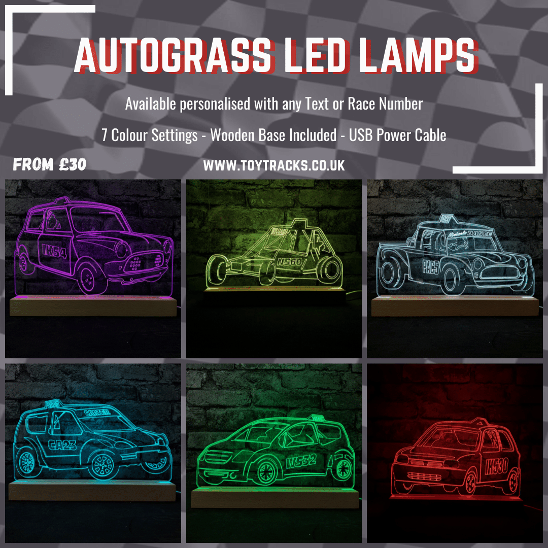 Autograss Night Light Collection - LED Lamps - Available Personalised with any text or race number, 7 colour settings, Wooden base included, USB power cable. From £30