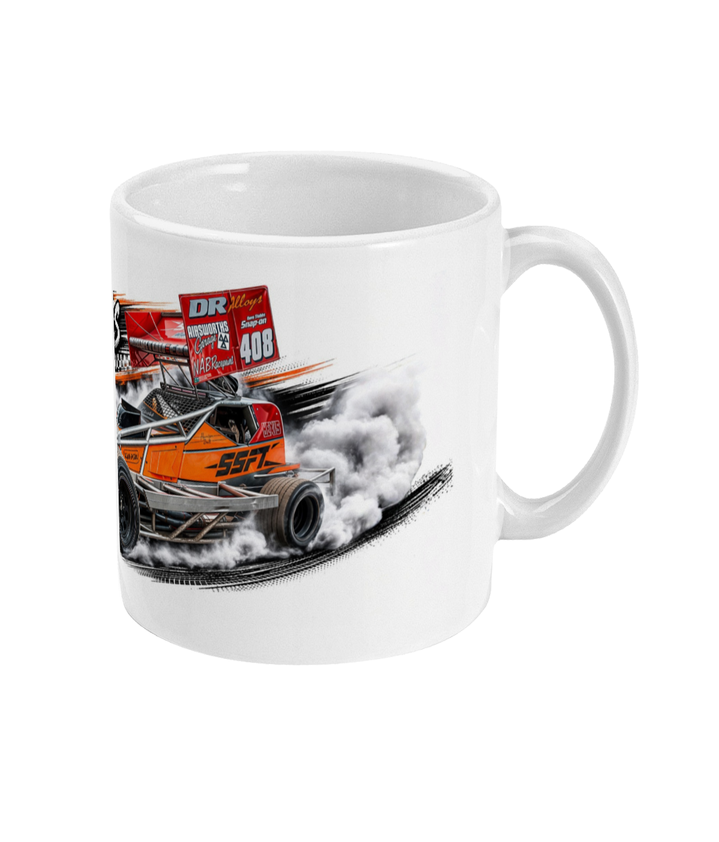 Ant Whorton-Eales 408 Brisca F1 stock car mug — side view showing car in action with smoke and DR Alloys wing