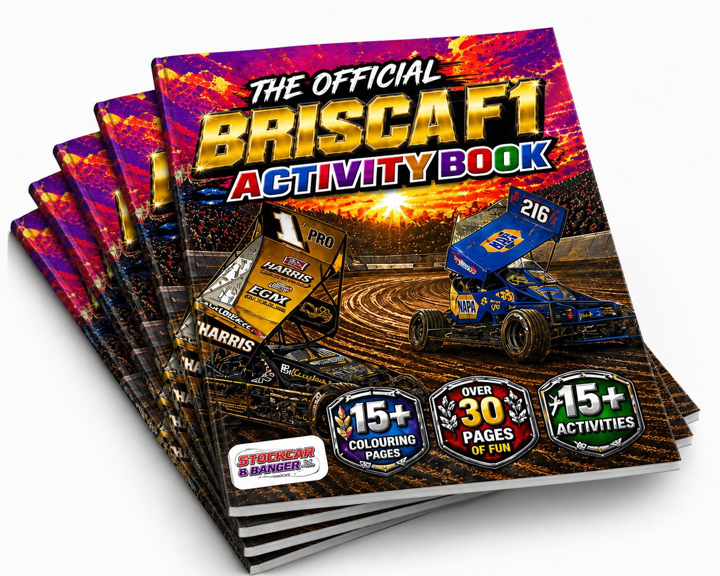 Stack of 'The Official BRISCAF1 Activity Book' with racing car graphics on a white background