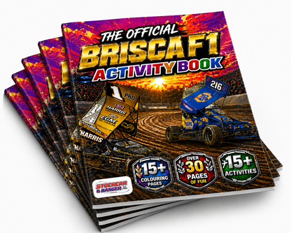 Stack of 'The Official BRISCAF1 Activity Book' with racing car graphics on a white background