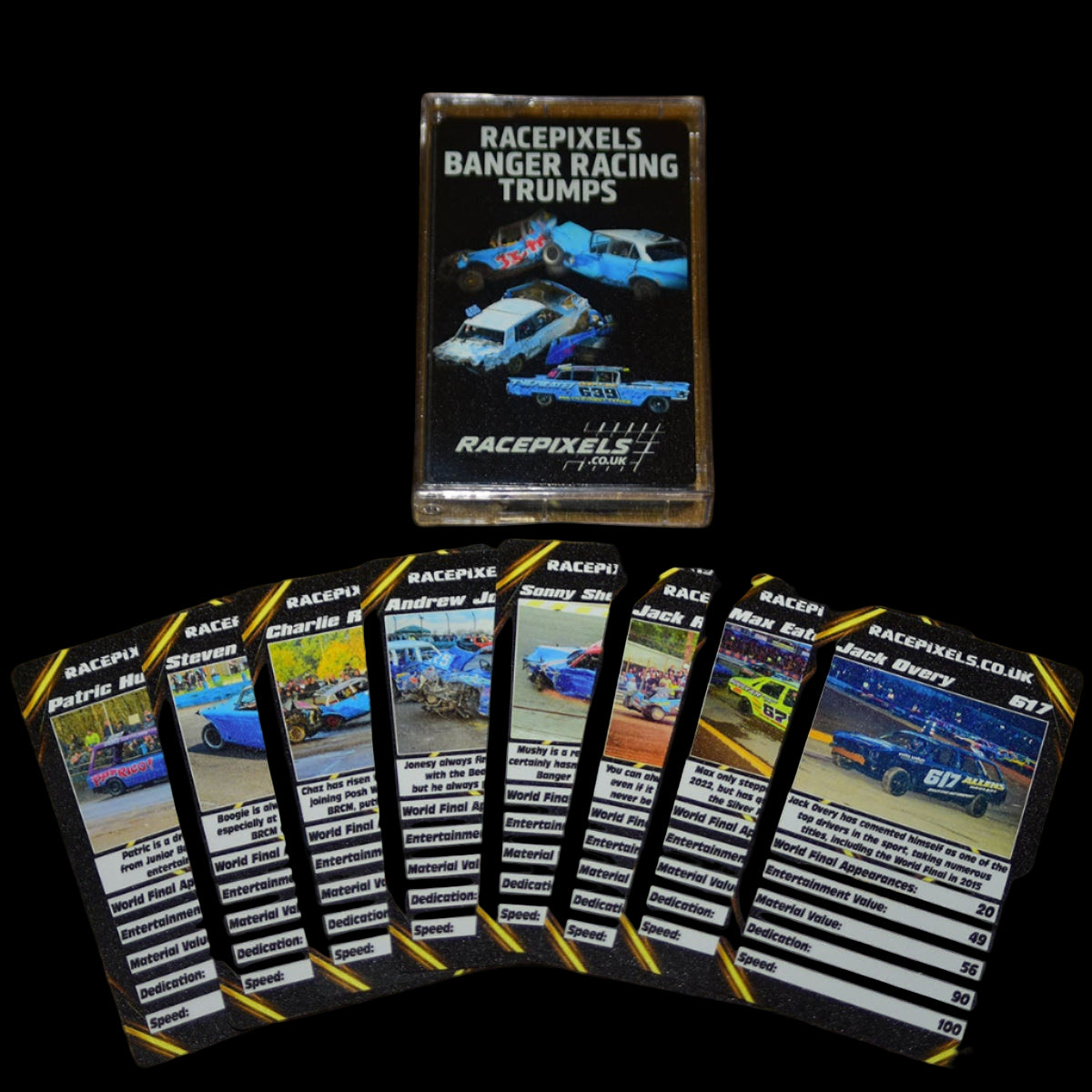 Collection of racing-themed cards with a box labeled 'Racepixels Banger Racing Trumps' on a wooden surface.