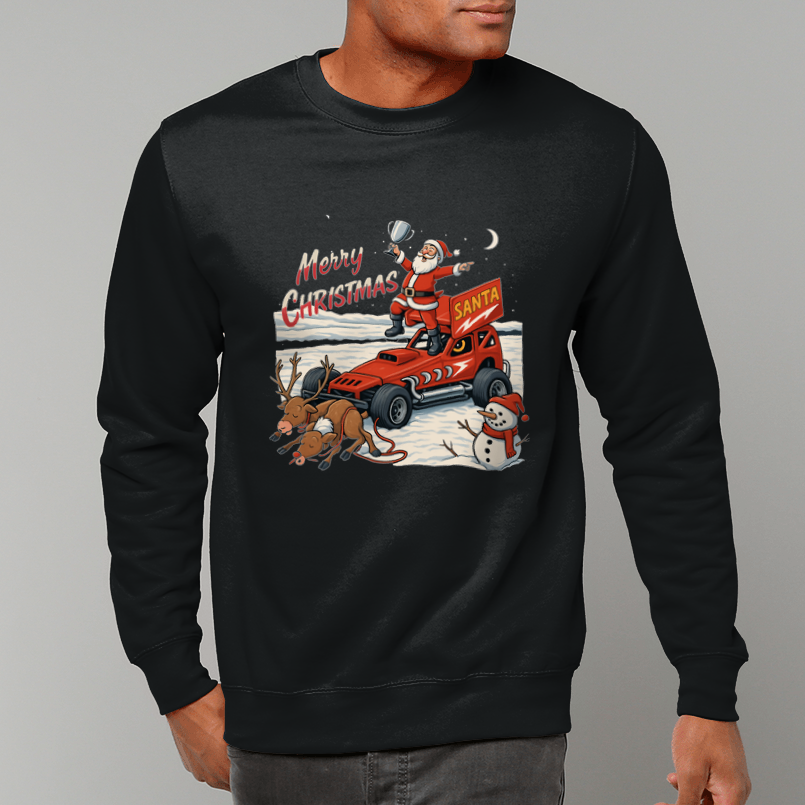 Person wearing a black sweatshirt with a Christmas-themed Brisca F1 graphic on a gray background
