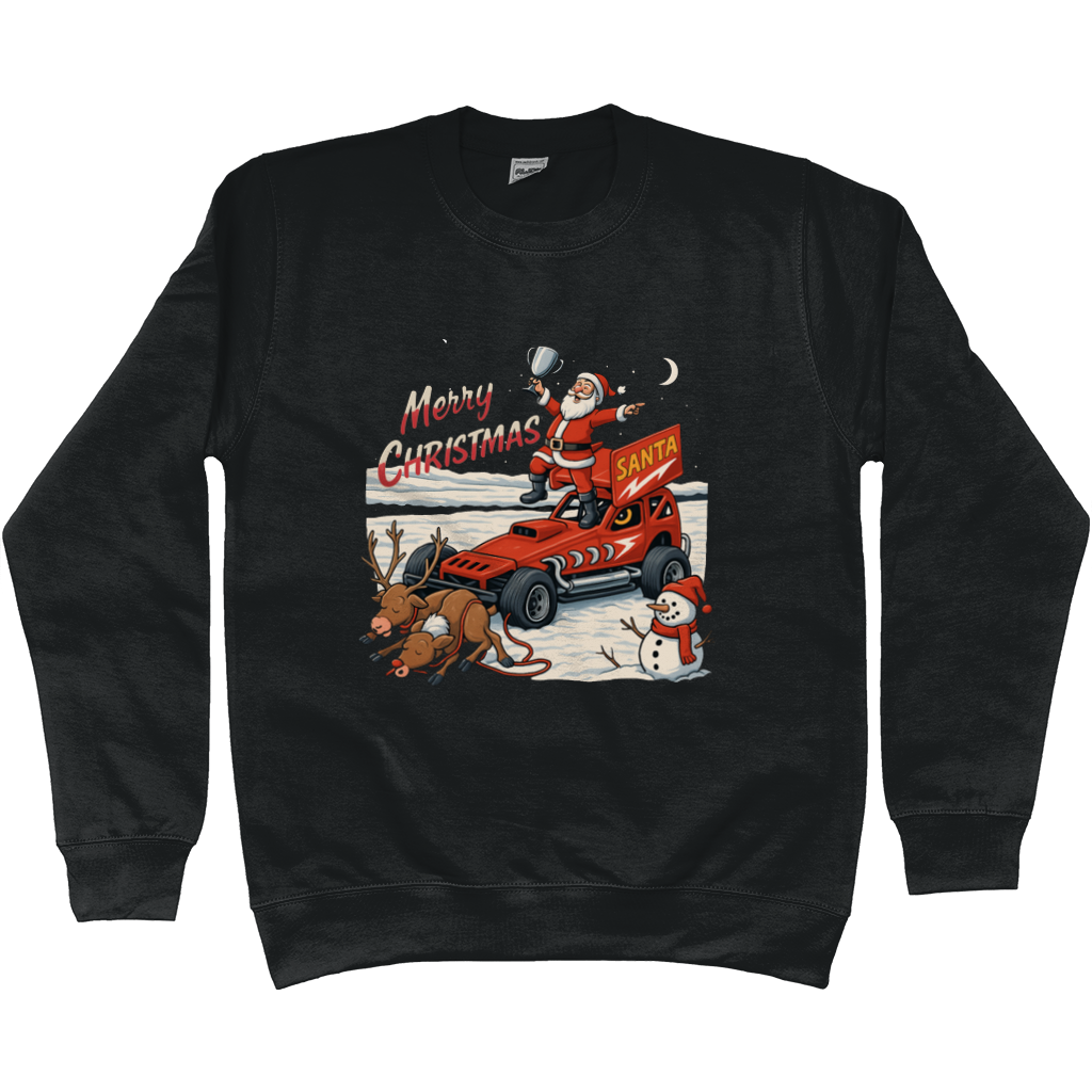 Black sweatshirt with Christmas-themed graphic of Santa Claus on a car, snowman, and reindeer.