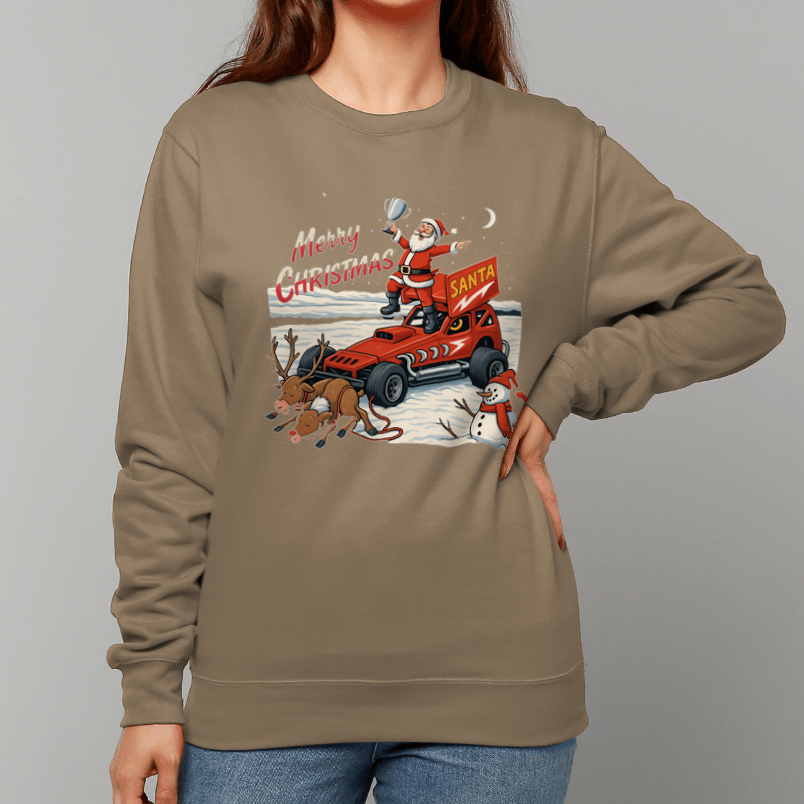 Woman wearing a brown sweatshirt with a Brisca F1 Christmas design on a snow background