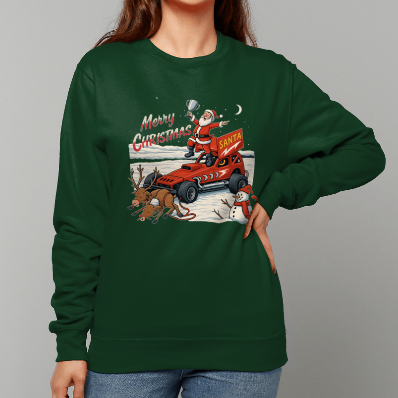 Woman wearing a green sweatshirt with a Brisca F1 Christmas design on a snow background