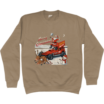 Brown sweatshirt with Christmas-themed graphic of Santa Claus driving a Brisca F1 with reindeer and snowman on a white background.