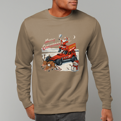 Man wearing a beige sweatshirt with a Christmas design featuring Santa Claus and reindeer as a brisca f1
