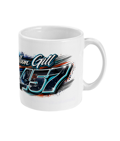Callum Gill 457 Brisca F1 stock car mug — side view with number 457 in teal and orange accent design