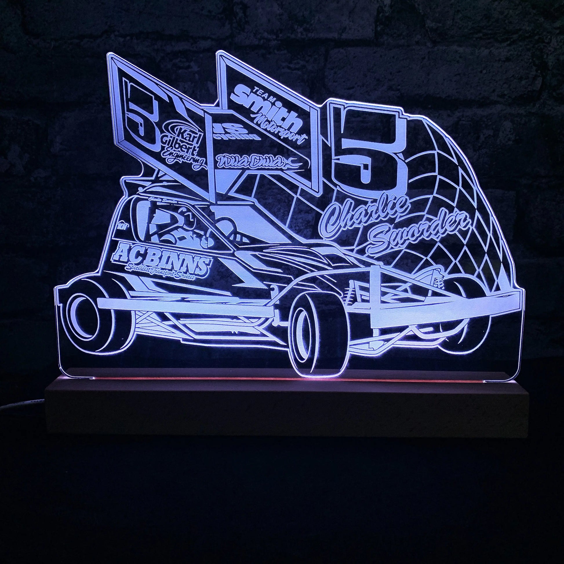 Charlie Sworder #5 Brisca F1 Night Light - Large Wooden Base - Night Light - Stock Car & Banger Toy Tracks