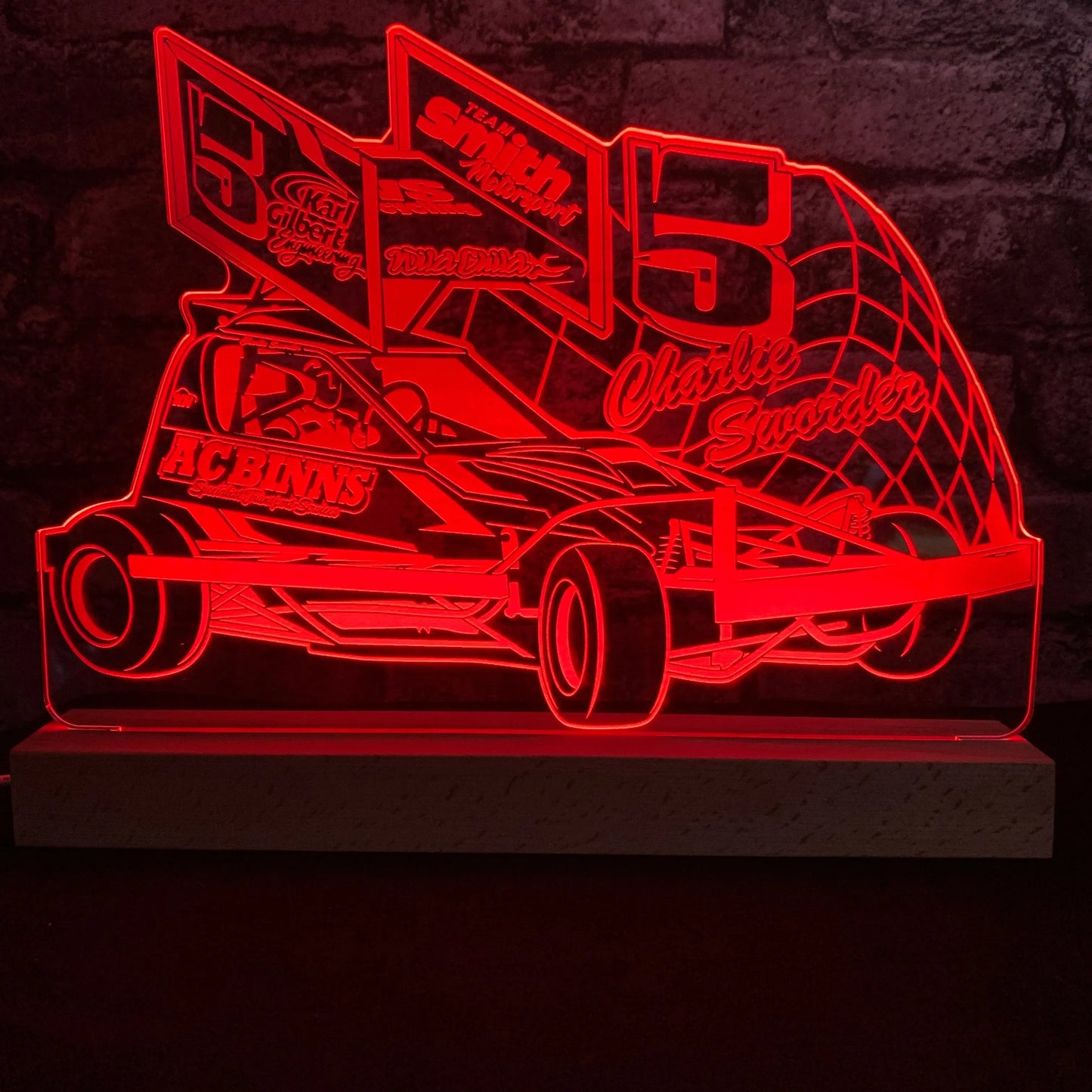 Charlie Sworder #5 Brisca F1 Night Light - Large Wooden Base - Night Light - Stock Car & Banger Toy Tracks