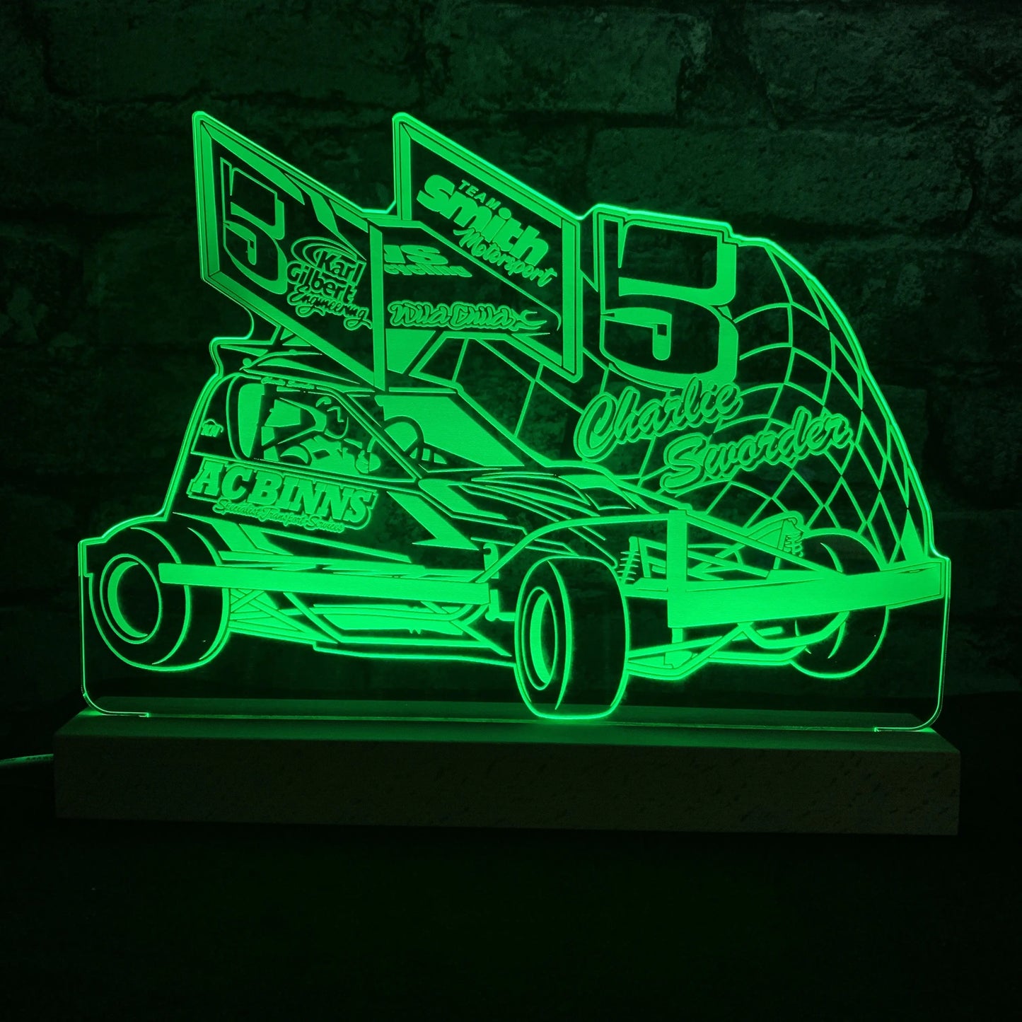 Charlie Sworder #5 Brisca F1 Night Light - Large Wooden Base - Night Light - Stock Car & Banger Toy Tracks