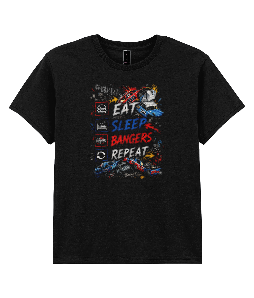 Eat Sleep Bangers Repeat kids banger racing t-shirt in black — front view showing colourful design with banger cars and icons