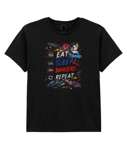 Eat Sleep Bangers Repeat kids banger racing t-shirt in black — front view showing colourful design with banger cars and icons