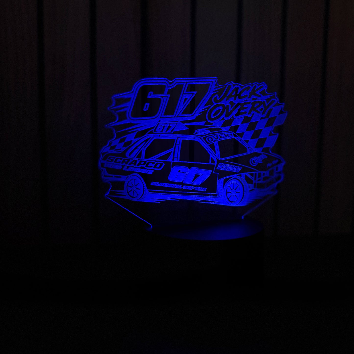 Jack Overy 617 banger racing LED night light white colour showing laser engraved acrylic detail in blue
