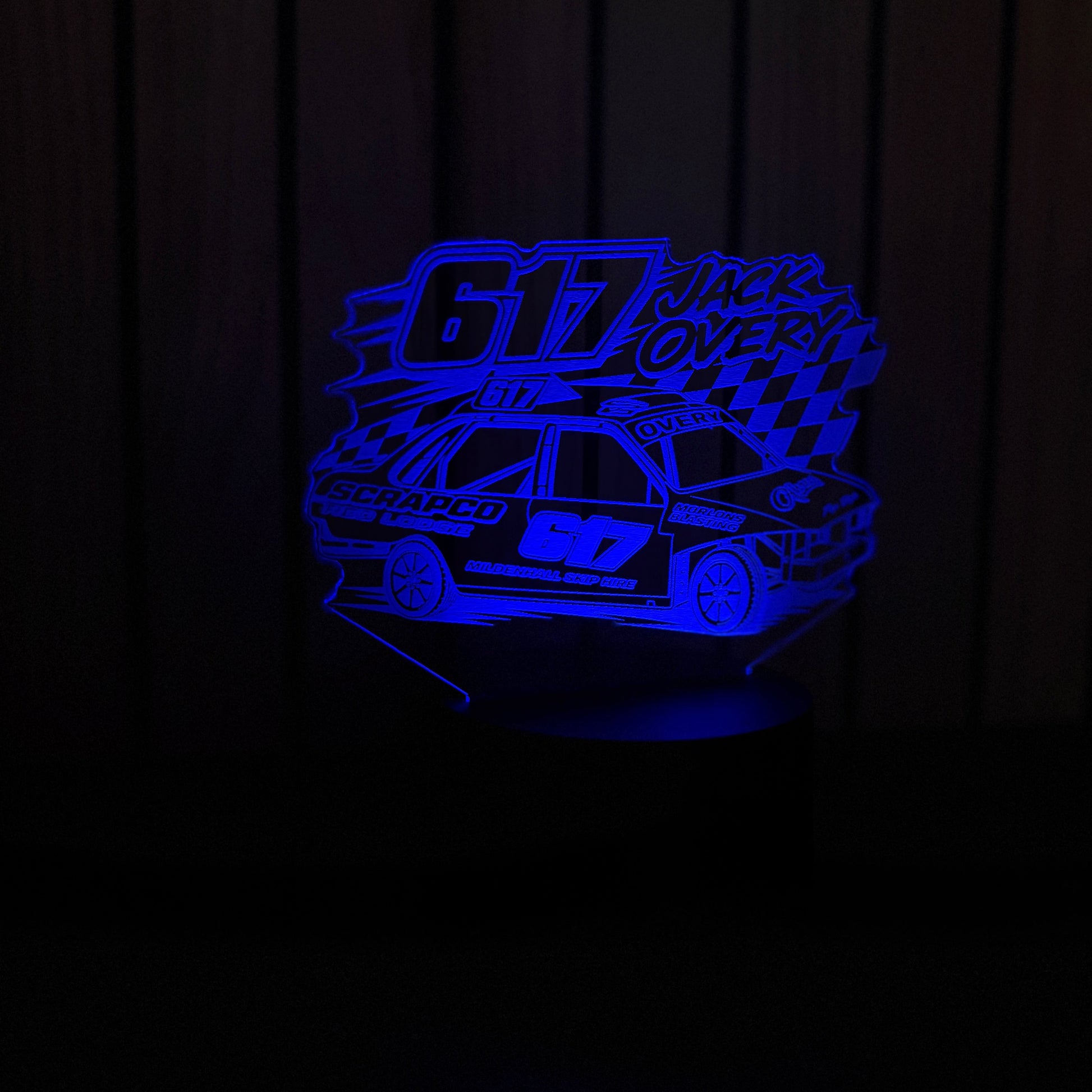 Jack Overy 617 banger racing LED night light white colour showing laser engraved acrylic detail in blue