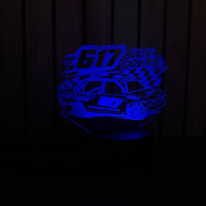 Jack Overy 617 banger racing LED night light white colour showing laser engraved acrylic detail in blue