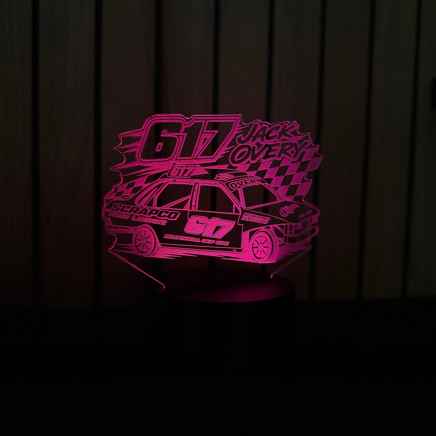 Jack Overy 617 unlimited banger LED night light glowing pink purple on black base with Scrapco livery