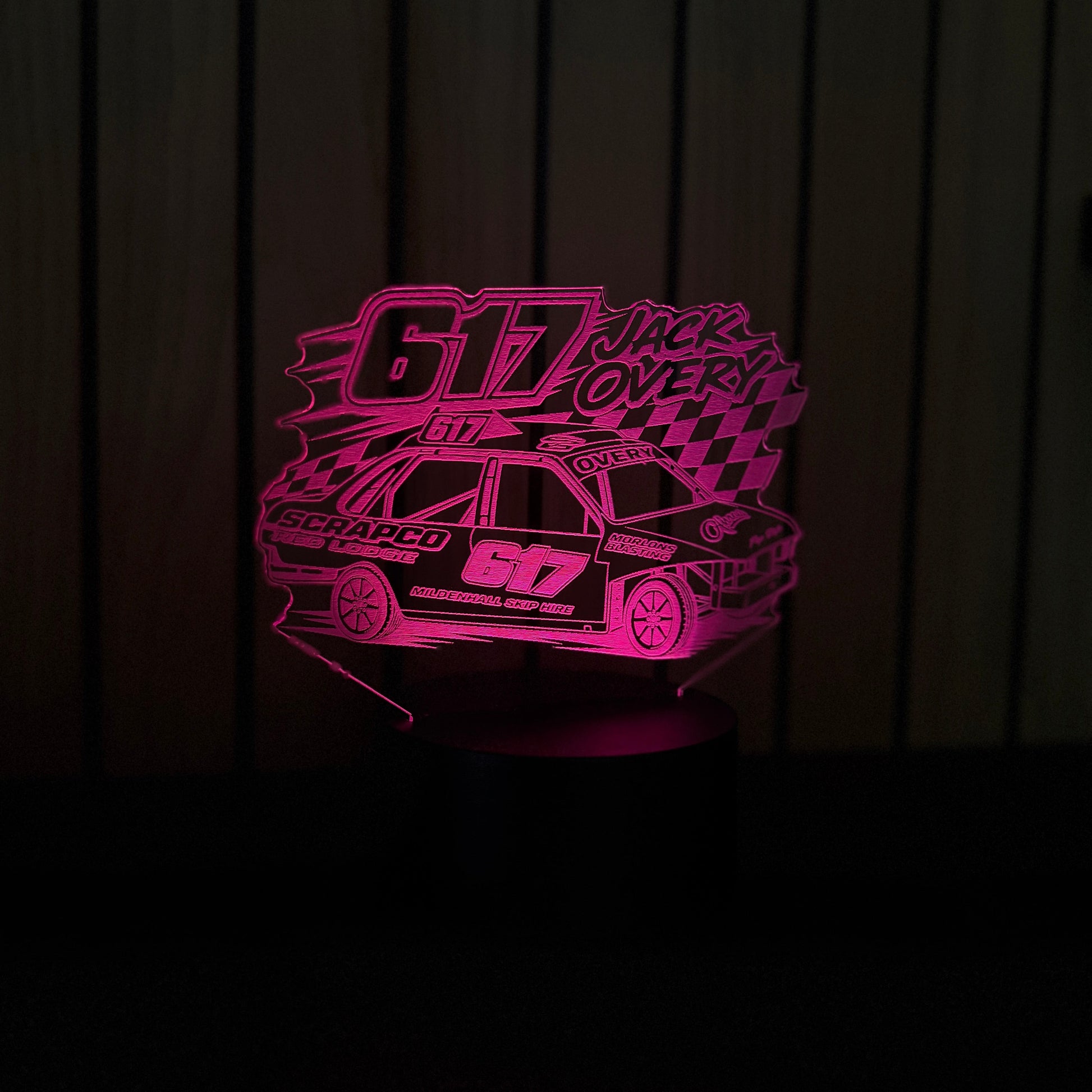 Jack Overy 617 unlimited banger LED night light glowing pink purple on black base with Scrapco livery