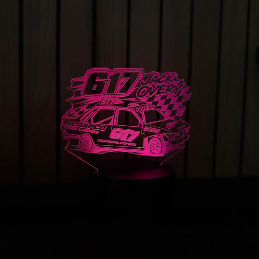 Jack Overy 617 unlimited banger LED night light glowing pink purple on black base with Scrapco livery