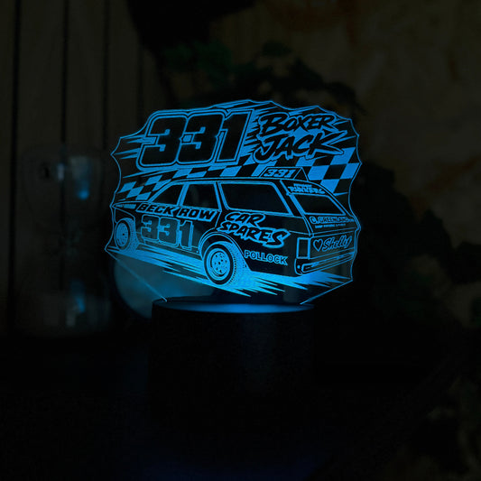Boxer Jack 331 banger racing acrylic night light blue LED with sponsor livery and chequered flag