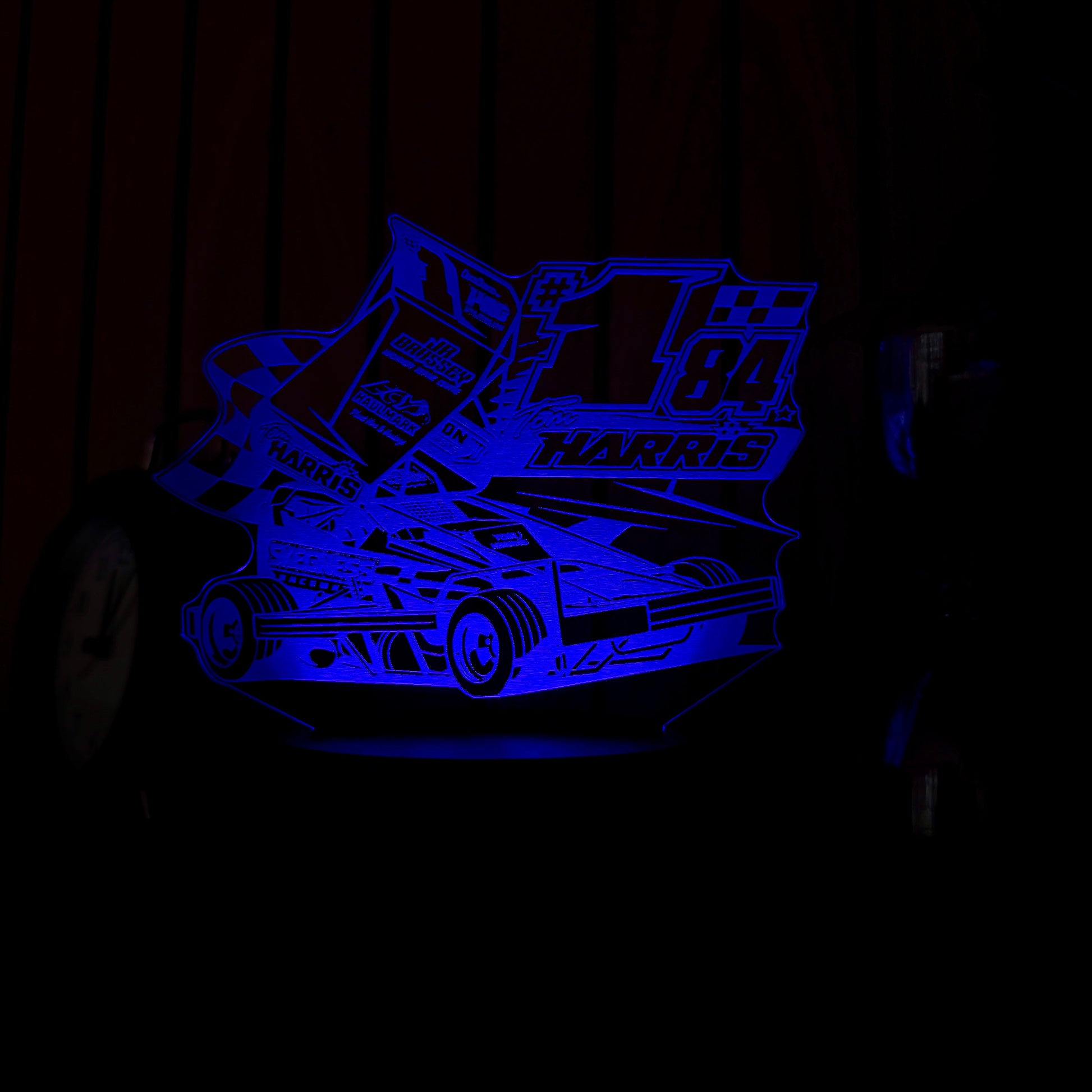 Blue neon sign of a tom harris stockcar #1 night light stockcar and banger racing merchandise 