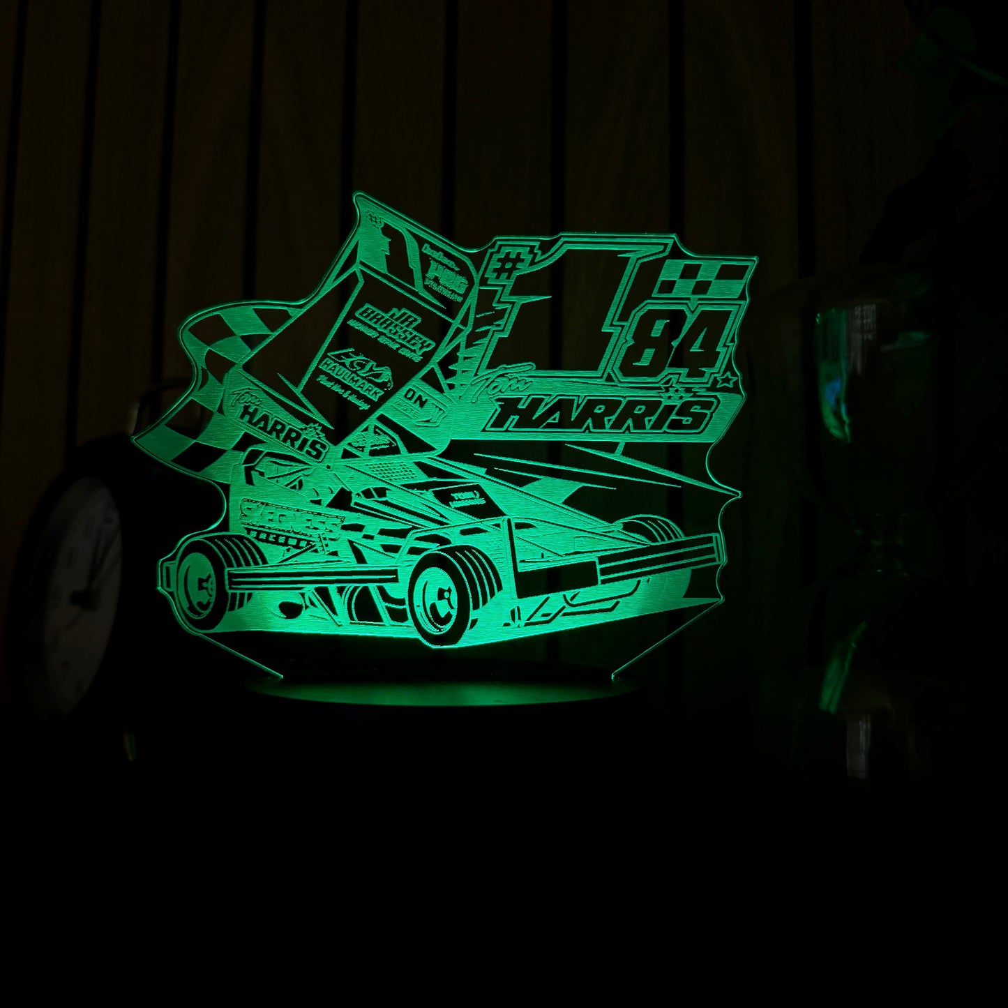 Glowing green race car design on a dark background Blue neon sign of a tom harris stockcar #1 night light stockcar and banger racing merchandise 
