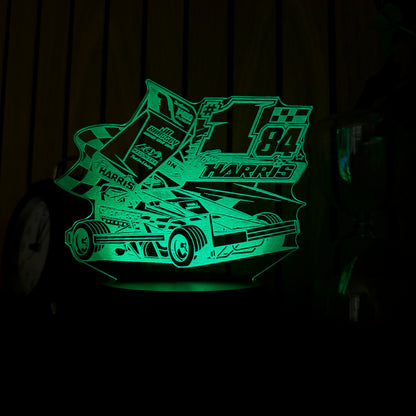 Glowing green race car design on a dark background Blue neon sign of a tom harris stockcar #1 night light stockcar and banger racing merchandise 