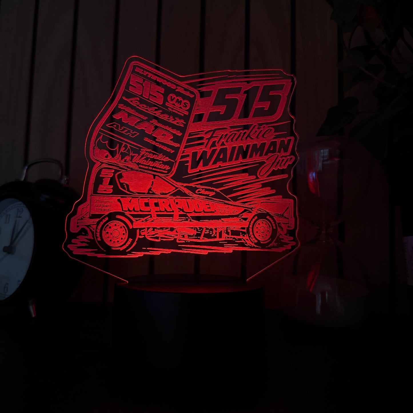 Red 3D LED sign with text and graphics on a wooden surface 515 frankie wainmann jnr stockcar and banger racing merchandise and night light