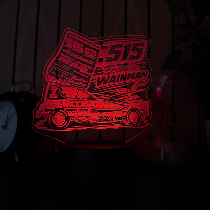 Red 3D LED sign with text and graphics on a wooden surface 515 frankie wainmann jnr stockcar and banger racing merchandise and night light