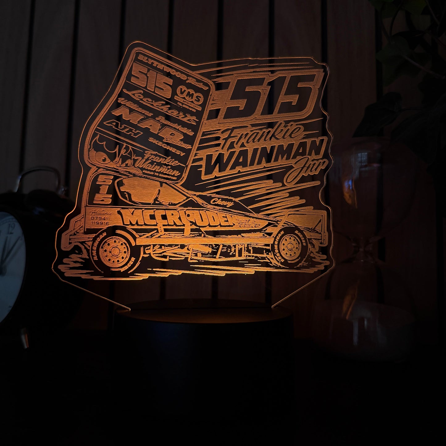 Frankie Wainman Jnr 515 Brisca F1 stock car LED night light glowing on wooden base