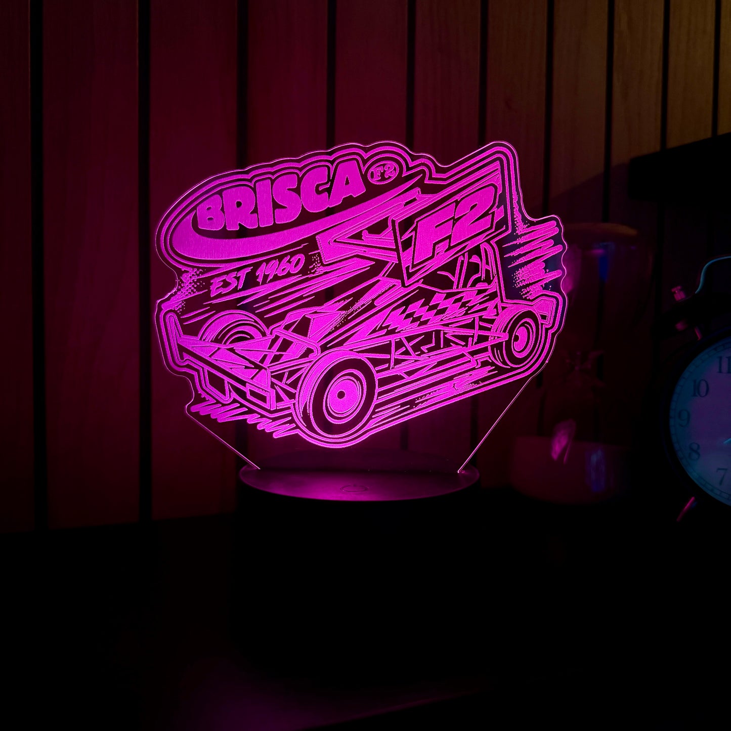 Brisca F2 stock car night light white LED displaying laser engraved Formula 2 design in pink