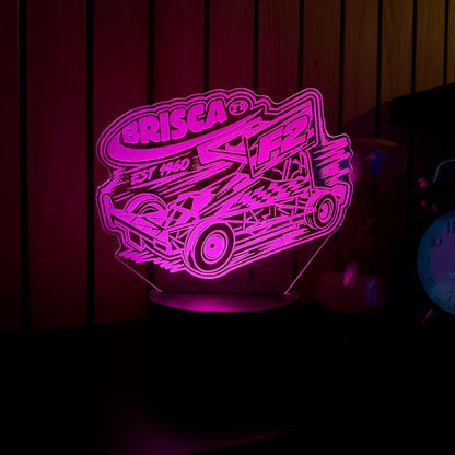 Brisca F2 stock car night light white LED displaying laser engraved Formula 2 design in pink