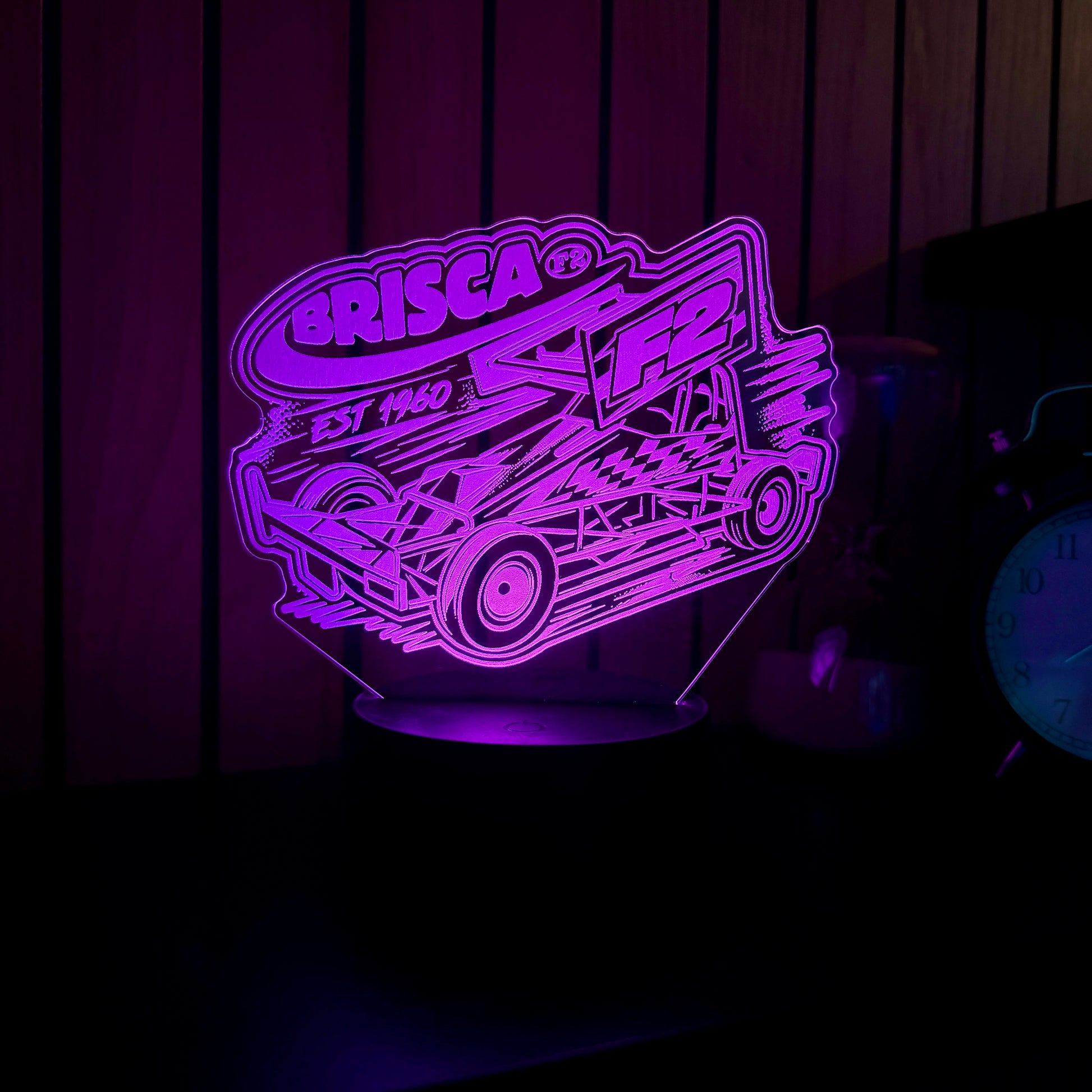 Brisca F2 Est 1960 stock car LED night light glowing purple on black base