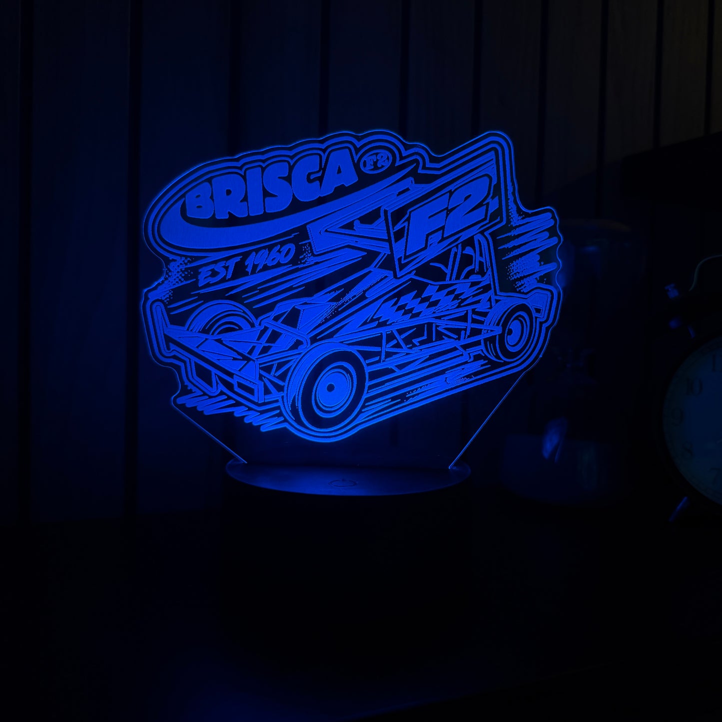 Brisca F2 Est 1960 LED night light blue glow with chequered flag and open wheel car design