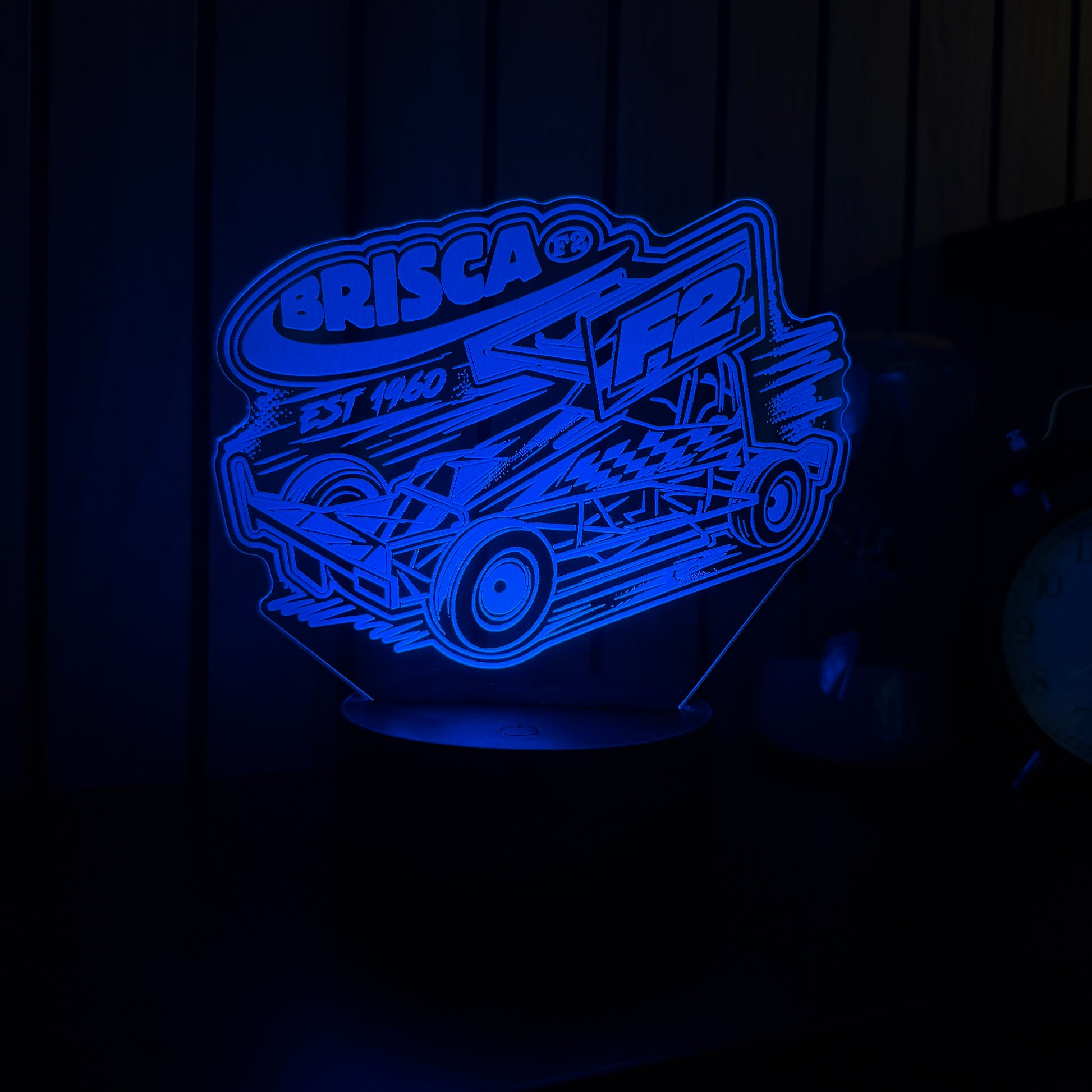Brisca F2 Est 1960 LED night light blue glow with chequered flag and open wheel car design