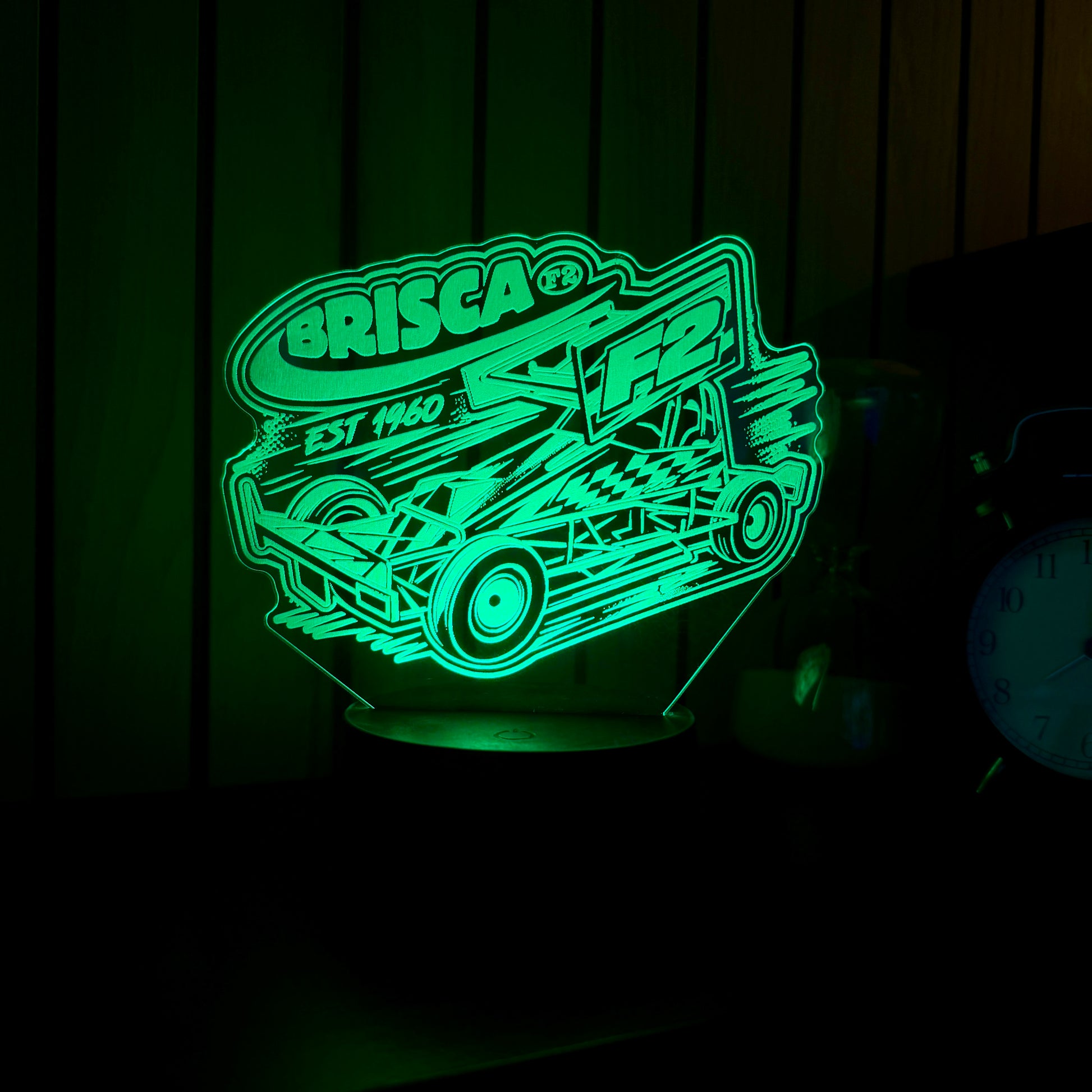 Brisca F2 stock car acrylic night light green LED on bedside table next to alarm clock