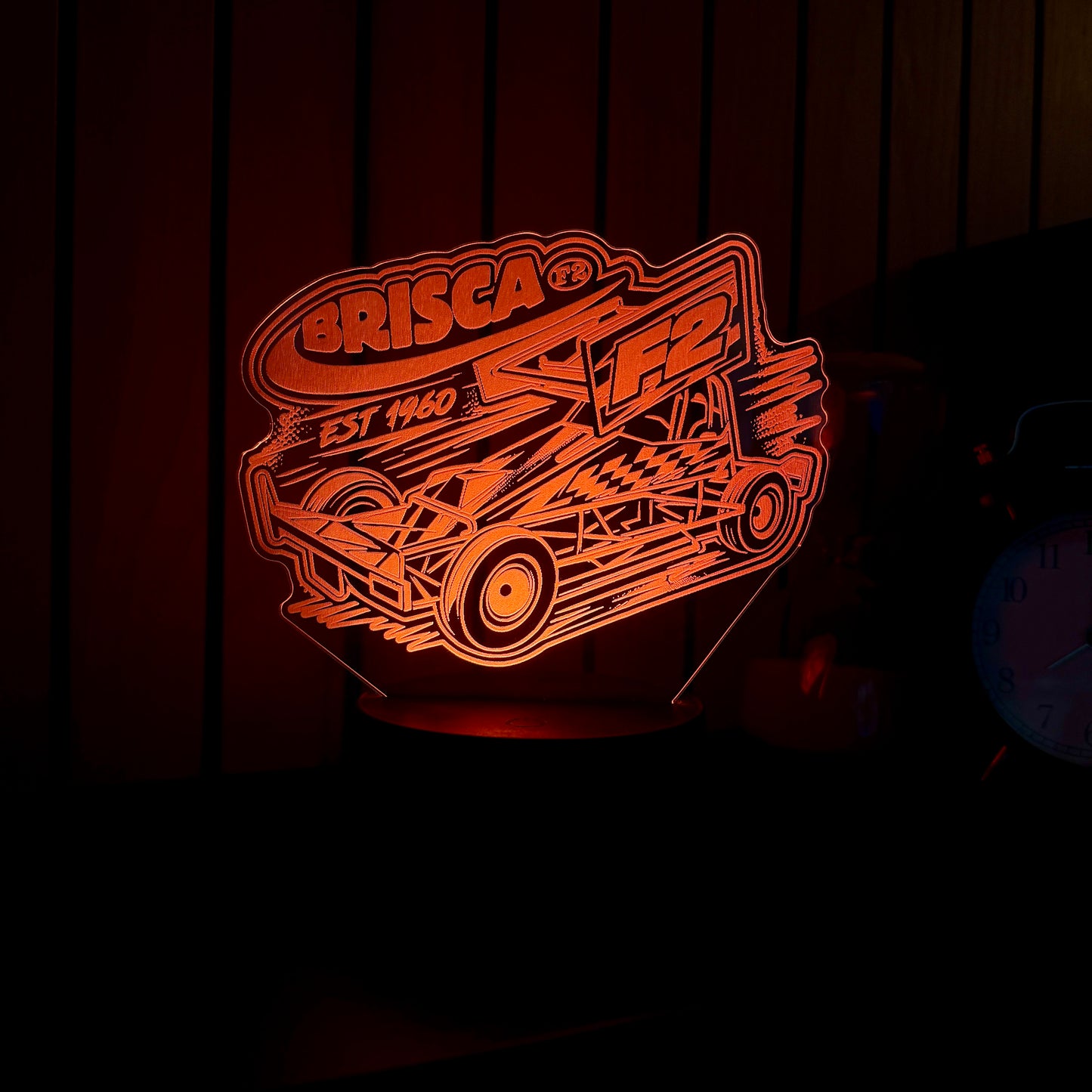 Brisca F2 stock car night light orange LED displaying laser engraved Formula 2 design