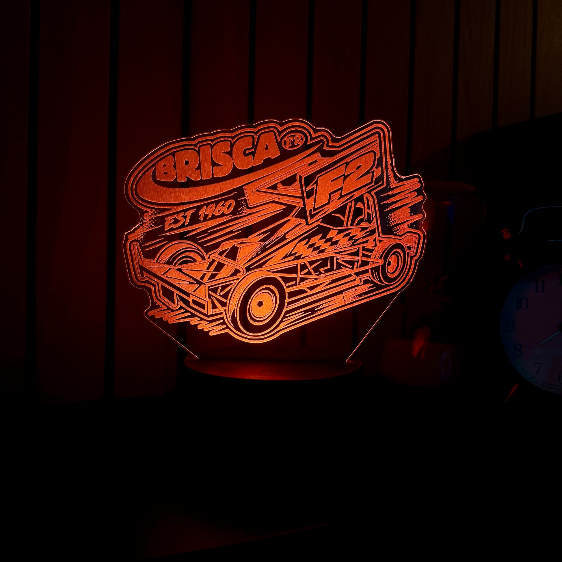 Brisca F2 stock car night light orange LED displaying laser engraved Formula 2 design