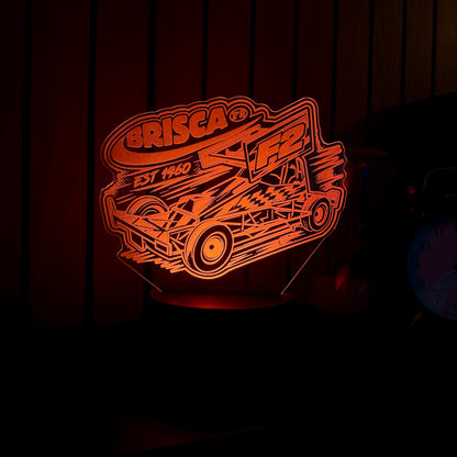 Brisca F2 stock car night light orange LED displaying laser engraved Formula 2 design