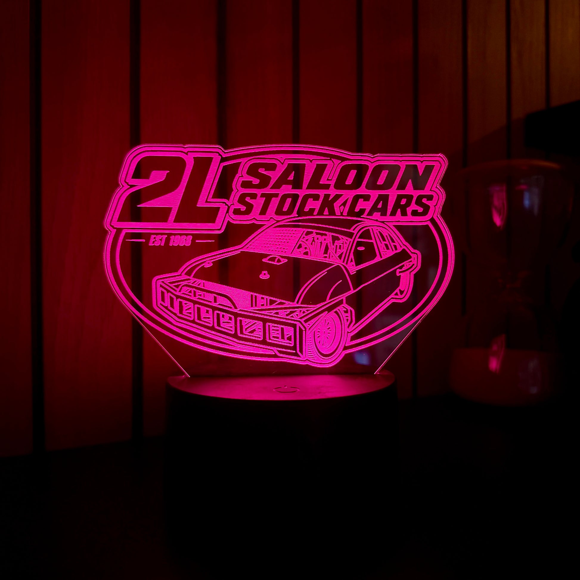 2L Saloon Stock Cars acrylic night light illuminated in pink with Est 1968 branding