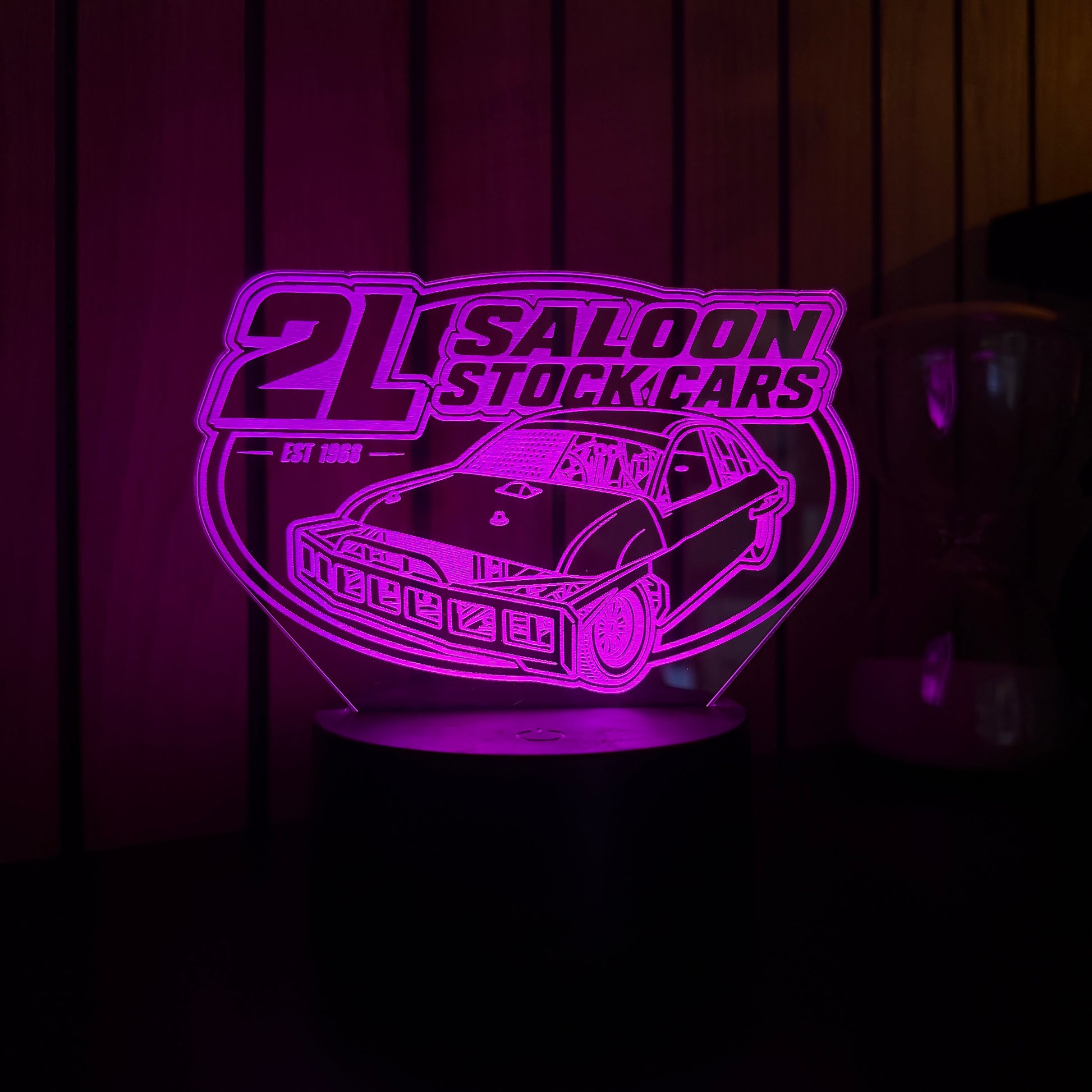 2L Saloon Stock Cars LED night light yellow colour showing acrylic panel on wooden base