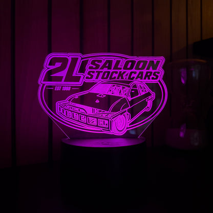 2L Saloon Stock Cars LED night light yellow colour showing acrylic panel on wooden base