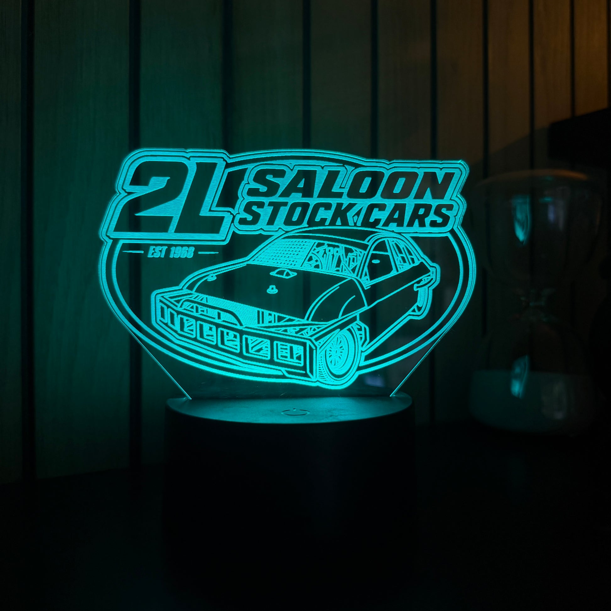 2L Saloon Stock Cars night light cyan LED with full car and lettering engraving visible