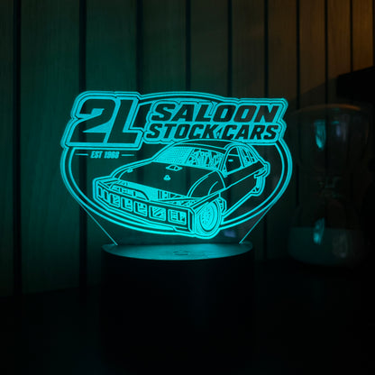 2L Saloon Stock Cars night light cyan LED with full car and lettering engraving visible